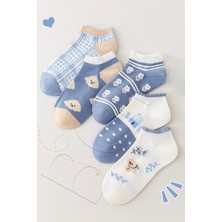 Bgk 5'li Desenli Mavi Kadın Kısa Çorap Yüksek Lifli Pamuk İplikleri ile Rahatlık Sunar