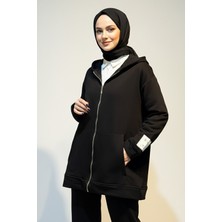 Lale Butik Kol Etiket Detay Kapüşonlu Fermuarlı Sweat Ceket 3176 Siyah