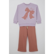 West Kız Çocuk Eşofaman Takımı Simli Fiyonk Baskılı 4-7 Yaş, Lila