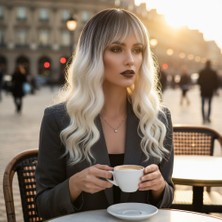 Mg Dalgalı Kısa Perçemli Fiber Sentetik Peruk / Kahve / Beyaz Platin Ombreli