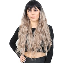 Mg Perçemli Uzun Su Dalgası Fiber Sentetik Peruk/ Siyah / Küllü Bebek Sarı Ombreli