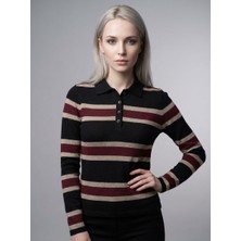 Şiir Chepo Kadın Slim Kalıp Çizgili Polo Yaka Düğmeli Uzun Kollu Kazak & Bluz & Top - Siyah