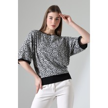 Şiir Melipilla Kadın Yumuşak Dokulu Yarasa Truvakar Kollu Leopar Desen Jakar Örme Bluz & Penye Bluz