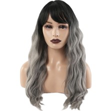 Mg Perçemli Uzun Su Dalgası Fiber Sentetik Peruk / Siyah / Gri Ombreli