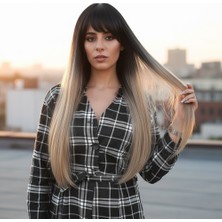 Mg Fiber Sentetik Uzun Düz Kahküllü Peruk / Siyah / Küllü Bebek Sarı Ombreli