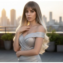 Mg Kahküllü Uzun Dalgalı Fiber Sentetik Peruk / Küllü Açık Kahve / Platin Ombreli