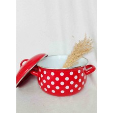 Kırmızı Puantiyeli Emaye Tencere 5 Litrelik 24 cm Çap Süt Yoğurt Çorba Tenceresi