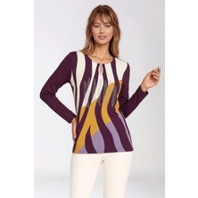 Mamayaga Kadın Bisiklet Yaka Esnek Desenli Taşlı Viskon Uzun Kol Curve Büyük Beden Bluz