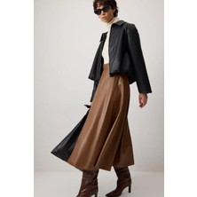 Touche Volanlı Deri Etek Kahverengi