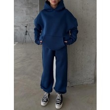 Zerenyus 3 İplik Şardonlu Kapşonlu Sweatshirt Lacivert