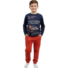 Çikoby Erkek Çocuk Lacivert Kiremit Baskılı Sweatshirt İkili Takım | %100 Pamuk Üst – Rahat Kesim Eşofman Altı