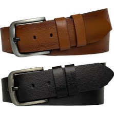 GoDeri  Tek Parça Deri 2'li Set Siyah, Taba 4.5 cm Kot, Spor Kemer