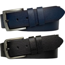 GoDeri  Tek Parça Deri 2'li Set Siyah, Lacivert 4.5 cm Kot, Spor Kemer