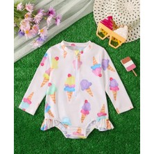 RosabelleMare Renkli Dondurma Desenli, Uzun Kollu, Fırfır Detaylı Bebek Mayo. Esnek ve Rahat Tasarım.
