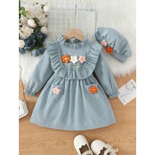 RosabelleMare Fırfırlı Çiçek Işlemeli Uzun Kollu Kız Çocuk Elbisesi ve Şapka Seti. Yumuşak Dokulu Model.