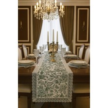 Rona Home Yeşil Çiçekli Pamuklu Runner Dantelli Çiçek Desenli Masa Şalı Özel Tasarım Pamuk Kumaş Runner