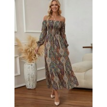 Ekince Kadın Düşük Omuzlu Beli Büzgülü Dijital Desenli Kesik Elyaf Süprem Uzun Elbise