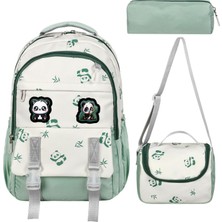 Alanç Gift Kore Tarzı Kapaklı Lüks Yeşil Panda Desenli Erkek Çocuk İlkokul Çantası Termal Beslenme Ve Kalemlik