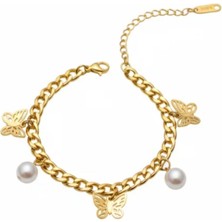 Hg.Aksesuar Kadın Kelebek ve Inci Detaylı Sallantılı Çelik Bileklik