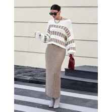 Silerra Kadın Uzun Kollu Kayık Yakalı Salaş Triko Bluz ve Etek Ikili Takım