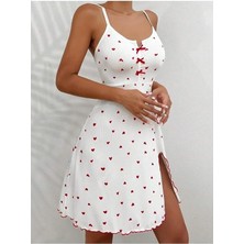 Moda Şahsenem Kadın Beyaz Kırmızı Kalp Desenli Askılı  Elbise 5066