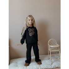 Siyah Leopar Kiraz Baskılı/işlemeli Kız Çocuk Eşofman Takımı