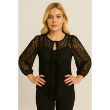 Sibel Günay Butik Kadın Siyah Dantel Önden Bağcıklı Bluz & Ceket – Lastikli Kol