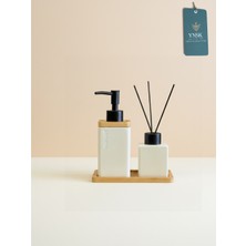 YNSK Luxury | Lotion | Lüks Banyo Seti, Seramik Sıvı Sabunluk, Seramik Oda Kokusu Şişesi, Bambu Tepsi
