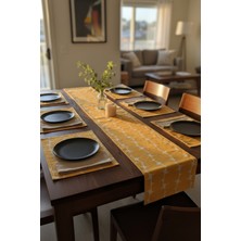 Viki Concept Modern Boho Masa Seti – 6’lı Amerikan Servis + 1 Runner | Sıcak Sarı Geometrik Desen