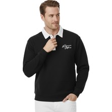 Deepsea Erkek Siyah Relax Fit Içi Polarlı Polo Yaka Sweatshirt – Pamuklu Kalın Sweatshirt 2600762