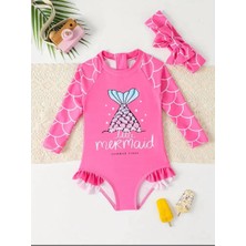 RosabelleMare Pembe Uzun Kollu Denizkızı Baskılı Kız Bebek Mayo Tulum, Fırfır Detaylı ve Saç Bandı Set.