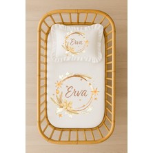 Moda Lime Isimli Bebek Nevresim Takımı 70X120 Altın Çiçek ve Yıldız Çelenk Tasarım Fırfırlı Dolgulu Yastıklı