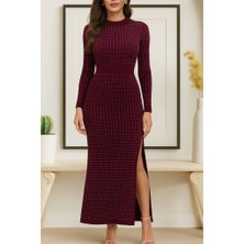 Tua Moda Kadın Uzun Kollu Bisiklet Yaka Taşlı Midi Kadife Elbise