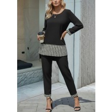 Arben Boutique Kadın Uzun Kollu Yuvarlak Yakalı Kaz Ayağı Detaylı Viskon Iki Iplik Bluz ve Pantolon Ikili Takım