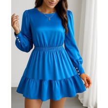 Tiana Kadın Uzun Kollu Bisiklet Yaka Beli Lastikli Fırfırlı Ithal Krep Elbise