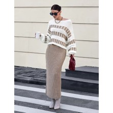 Arben Boutique Kadın Uzun Kollu Kayık Yakalı Salaş Triko Bluz ve Etek Ikili Takım