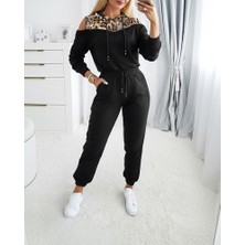Arben Boutique Kadın Uzun Kollu Omuzlardan Açık Leopar Desenli Kapşonlu Viskon Iki Iplik Bluz ve Pantolon Ikili Takım