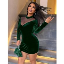 Tiana Kadın Uzun Kollu Balıkçı Yaka Tül Detaylı Mini Kadife Elbise