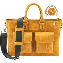 Değirmen Grup Isme Özel Askılı Cepli Evrak - Laptop Çantası - %100 Rainbow Deri - AC09002 - Hardal Sarısı