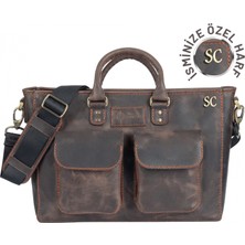 Değirmen Grup Isme Özel Askılı Cepli Evrak - Laptop Çantası - %100 Crazy Deri - AC09003 - Kahverengi