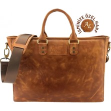 Değirmen Grup Isme Özel Günlük Kullanım El Omuz Evrak Laptop Çantası - %100 Deri - AC09004 - Camel