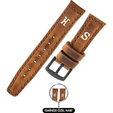 Değirmen Grup Isme Özel El Dikişli Saat Kordonu - %100 Crazy Deri - AG03002 - Taba