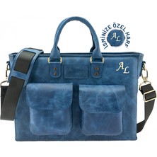 Değirmen Grup Isme Özel Askılı Cepli Evrak - Laptop Çantası - %100 Rainbow Deri - AC09002 - Saks Mavisi
