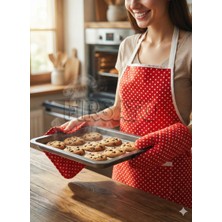 Fırsato 3'lü Beyaz Puantiyeli Mutfak Seti, Mutfak Önlüğü, Isıya Dayanıklı Fırın Eldiveni, Turacak Takımi