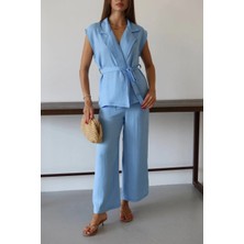 Mesga Butik Keten Yelek Pantolon Takım Mavi Pt