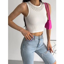 Fitilli Kaşkorse Yakası Zincirli Atlet Beyaz