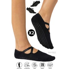 Saysez Bambu Kadın Siyah Kaydırmaz Taban Silikon Baskı Pilates Yoga Fitness Dans Aktivite Babet Çorabı 2’li
