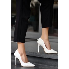 Hillar Beyaz Cilt Stiletto Ayakkabı