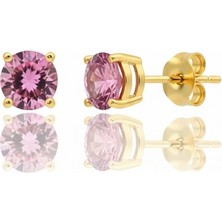BymissMücevherat 925 Ayar Gümüş Altın Kaplama Pembe Zirkon Tek Taş Küpe | 4 mm Işıltılı Minimal Küpe