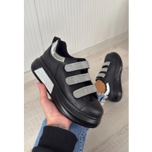 Elika Siyah Cilt Simli Cırt Cırtlı Spor Ayakkabı